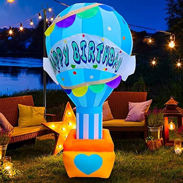 SEASONBLOW 8 pies LED iluminado inflable feliz cumpleaños azul globo de aire caliente decoración para fiesta de cumpleaños patio césped exhibición celebración del hogar